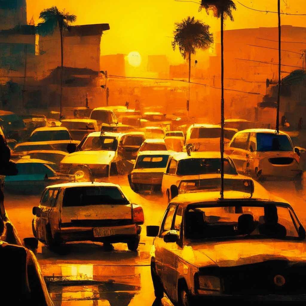 A vibrant Jamaican cityscape under the warm, golden sunset glow. Taxi cabs front and center, their occupants reflecting different expressions - some hopeful, some uncertain, in a loose impressionistic style. Currency symbols, indicative of a digital transformation, faintly glowing from their phones, introducing a dynamic edge. Distinct sense of anticipation, simultaneous uncertainty sets the mood.