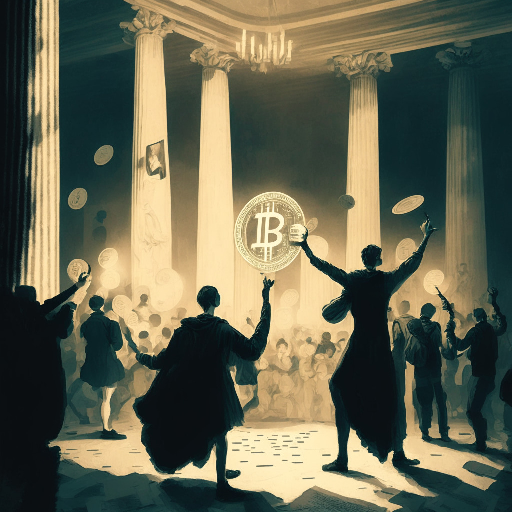 A dimly lit scene of dramatic contrast. A person juggling symbols of cryptocurrency (Bitcoin, Ethereum, etc.) with one hand, and legal documents with the other. Below, a crowd observes with mixed emotions: curiosity, wonder and apprehension. The backdrop, a blend of neoclassical and futuristic architecture hints at tradition and progress. Style: Impressionist.