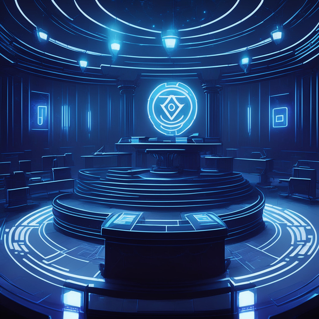 A twilight-lit cybernetic courtroom, LED-incorporated blockchain platforms, and digital currency symbols floating ethereal, all radiate crisp sapphire hues, evoking a mood of tension and uncertainty. One platform, evocative of Bitcoin and Ethereum, stands conspicuously void of the typical secure-key icons, symbolizing the absence of KYC regulations.