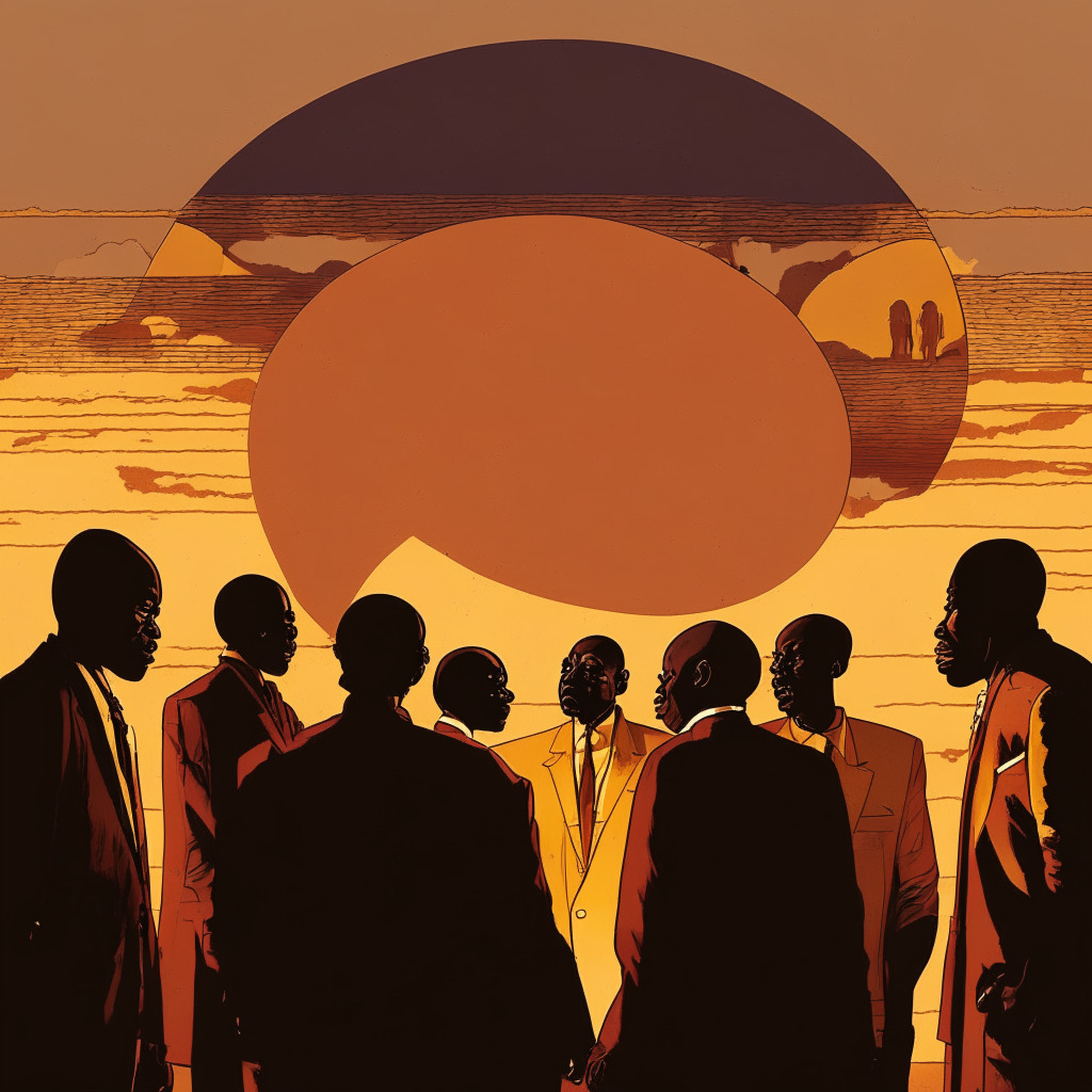 A detailed African sunset casting long shadows over a mixed group of Kenyan parliamentary figures, engaged in earnest discussion before a symbolic Worldcoin representative. The mood is tense; scrutiny, mistrust and apprehension hanging in the air. The scene has a semi-abstract art style, with dominant earth and sunset colors expressing a well-wrought geopolitical narrative.