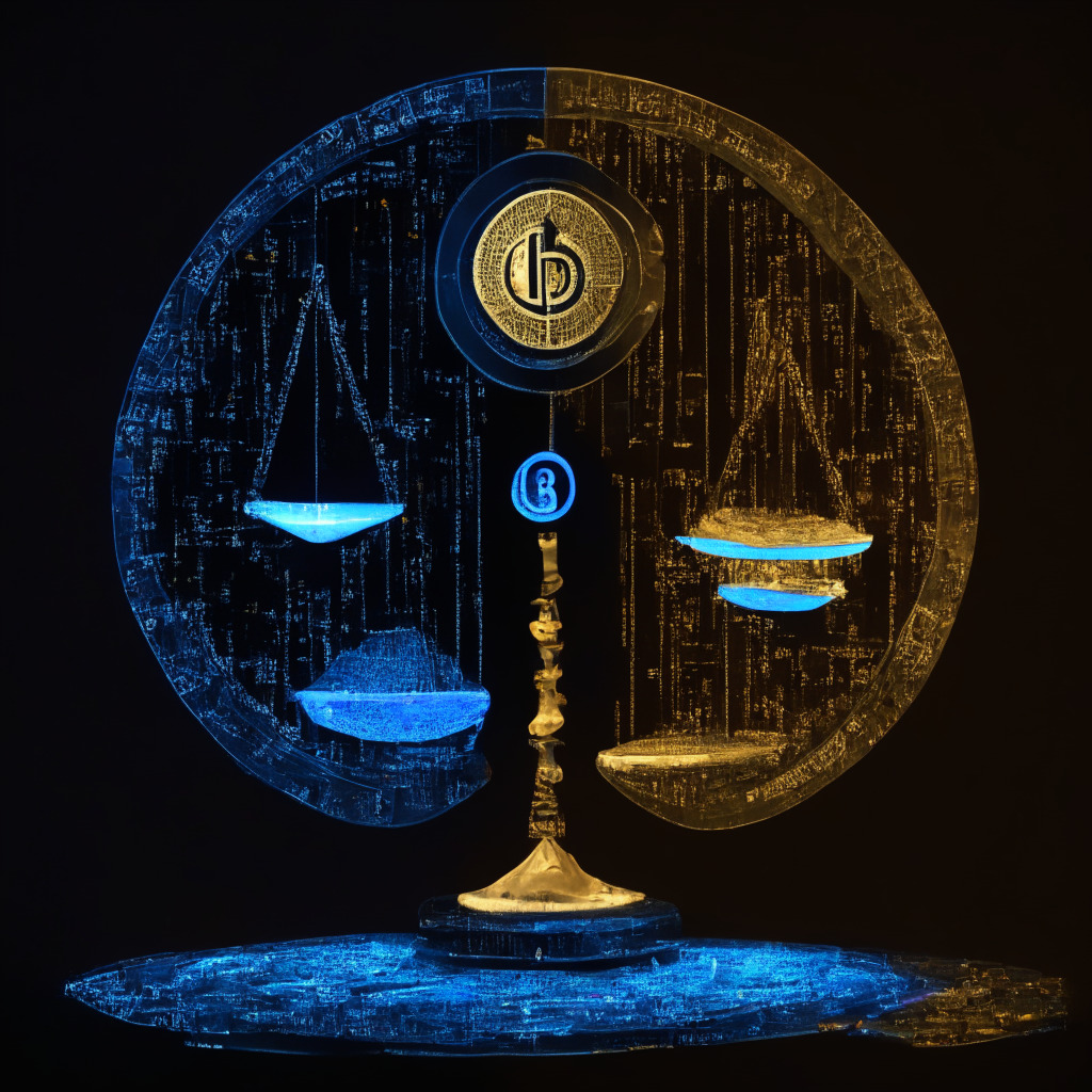 A digital representation of the Worldcoin cryptocurrency suspended on a balancing scale, half immersed in darkness indicating the Kenya government's security concerns, half illuminated symbolising innovation in crypto security. Elements such as an iris scan, indicative of personal ID, hint at the complexity and privacy issue. The tug of war between technology advancement and data protection is depicted in an abstract art style imitating tension and dilemma. The mood is tense, a little apprehensive yet hopeful considering the futuristic context.