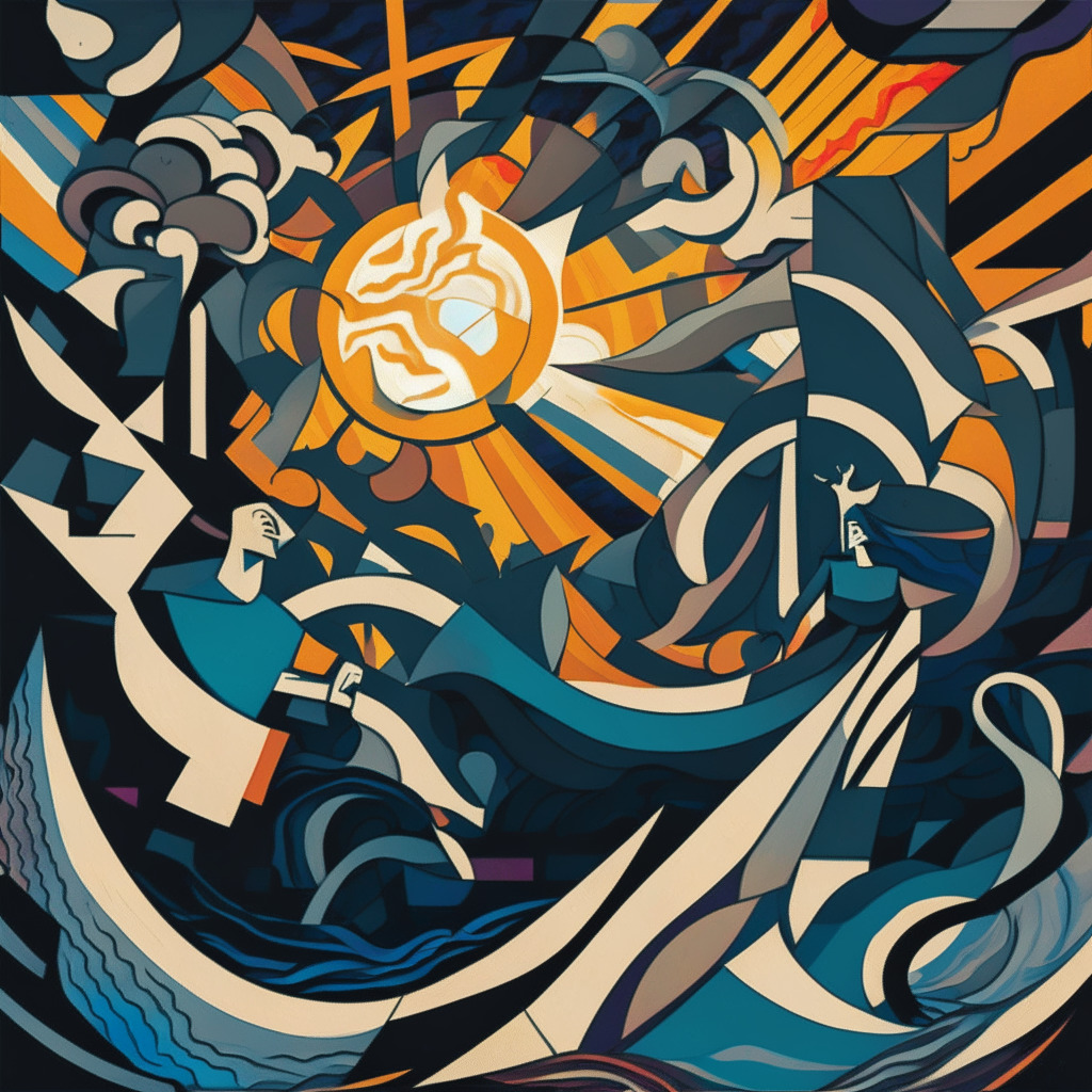 An abstract vision of financial revolution, lofty nebula representing blockchain swirling over a stark and turbulent sea representing the volatile market, contrasted against a bold, striking sunset representing hope. The style channels Picasso’s cubism, with hands giving, receiving, and holding, metaphorizing support for early-stage founders. Mood is daring, yet apprehensive.