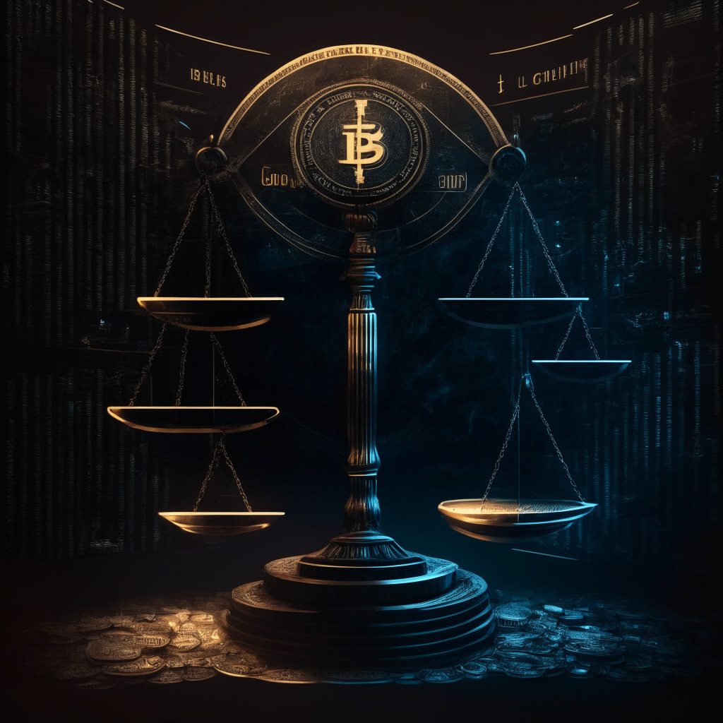 Abstract stylized image of a US court with balance scales, overlaid with digital elements representing cryptocurrencies. The image has a dark, moody ambiance with light highlighting the scales and digital symbols, implying tension and ambiguity. The artistic style should convey a sense of uncertainty and debate over cryptocurrency regulations.