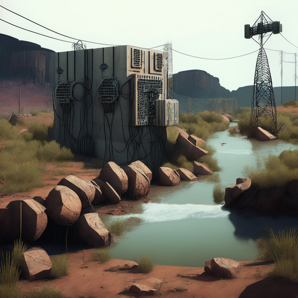 Suspension of power supply in a drought-stricken Laos, digital render of hydropower plants standing idle against a parched, drought-ridden landscape. Muted colors, conveying a somber atmosphere of halted crypto-mining operations. Subtle symbols of blockchain and cryptocurrency subtly integrated to hint at the industry's vulnerability. Artistic style should draw from realism to highlight the environmental conflict with a modern technological sphere. The light should be harsh, hinting at a blistering heat, representing both the climate crisis and the intense pressure on the crypto industry.
