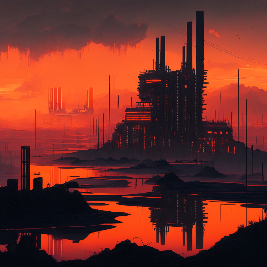 An intricately detailed cyberpunk-inspired scene at dusk, with an array of half-dimmed and inactive crypto mining rigs dotting the landscape. The skies are filled with an ominous orange tinge hinting at the dry, drought-stricken condition. A silhouette of a struggling hydropower station, the central source of electricity, looms in the backdrop, mirrored in still water, hinting at the environmental concerns. The mood is somewhat somber, reflecting current concerns of excess energy consumption and economic challenges within the crypto industry.