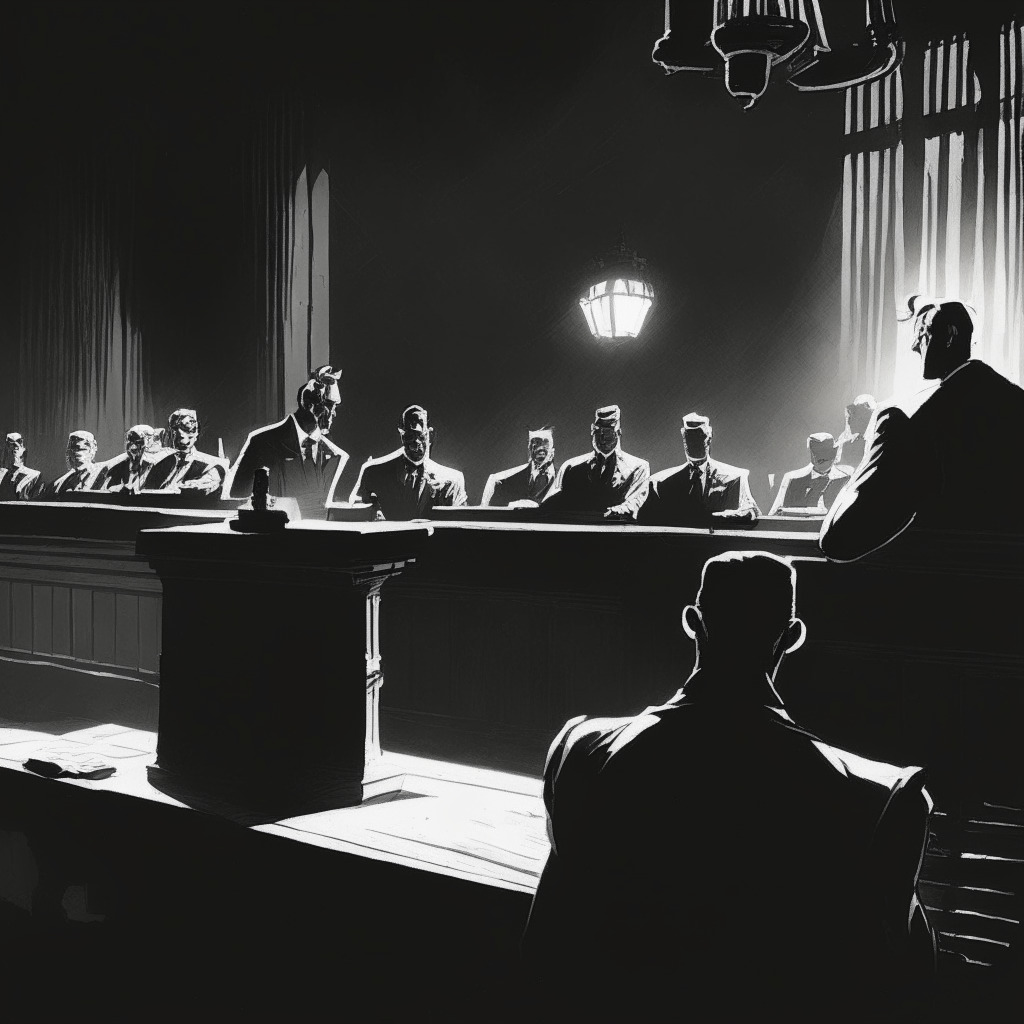 Dimly-lit courtroom scene, rich detailed wood paneling, stern judge behind a towering bench, an anxious figure, presumably Sam Bankman-Fried, surrounded by vigilant lawyers at the defense table. Atmosphere heavy with the weight of the legal uncertainty, caught in the crossfire of light, shadow, and tension. Artistic style reminiscent of film noir to impart a sense of intrigue and drama.