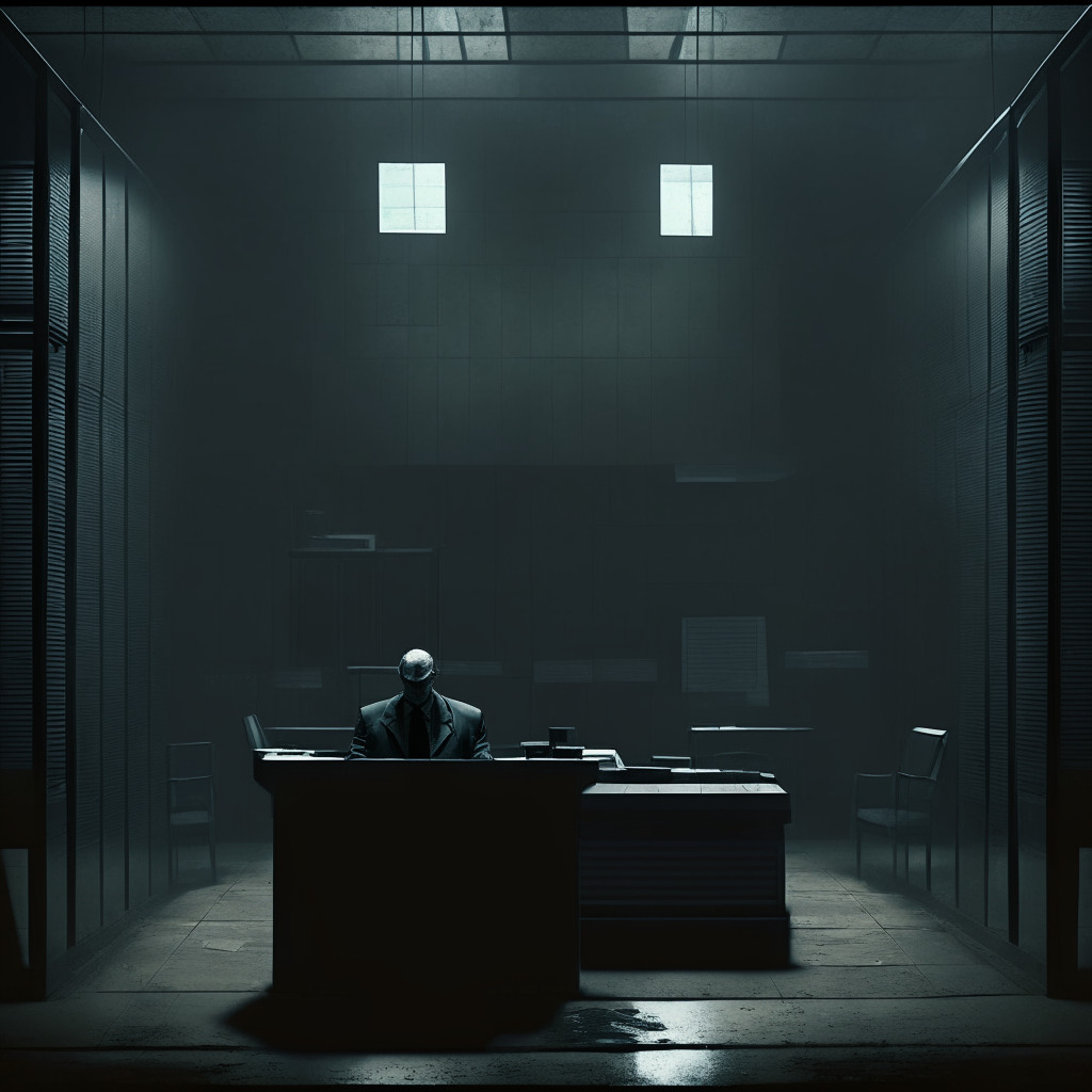 Dystopian-style courtroom, using a palette of grays, highlighting ex-CEO in dimly lit confinement with archaic laptop, symbolizing technological limitations. Intense blocking contrasts the stark prison environment versus heaps of unreviewed digital documents, conveying a sense of overwhelming frustration. Mood: Uncertain, tense, reflecting complex legal-technological dynamics.