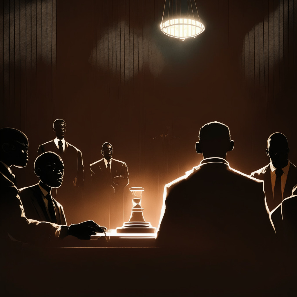 High-stakes courtroom drama with attorneys going in and out, bathed in suspenseful dim light. Detailed image of a legal weight scale tilted on one end under a stark spotlight. A subplot of a shiny new crypto token unveiling in Nigeria, met with a shadowy glow and skeptical expressions within a blockchain pattern. Overall, a somber chiaroscuro art style, creating a mood of uncertainty, tension.