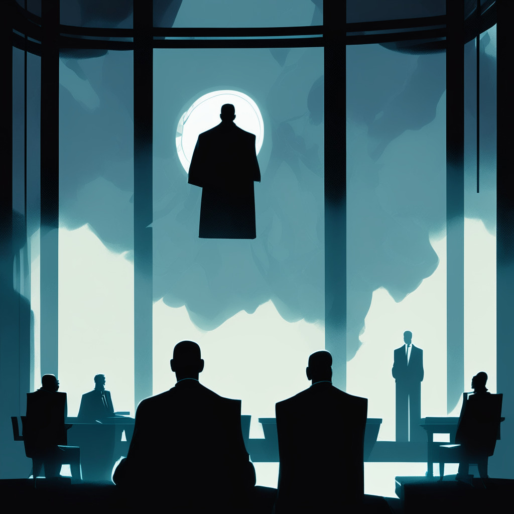 A courtroom scene under an eerie, skylit setting, dominated by an aura of uncertainty stirred by the high-profile crypto trial, a view of the frosted glass doors illuminating the attorneys in serious discussion. In the corner, a shadowed figure represents Bankman-Fried. Opposite, the imagined silhouette of a big, complex blockchain symbolizes the under-trial technology.