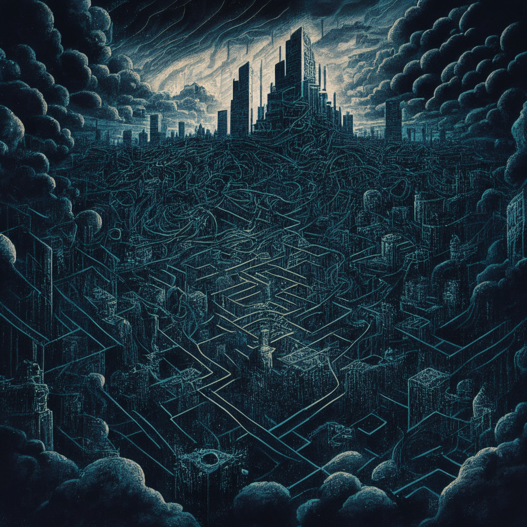 An intricate labyrinth of sprawling, cold, metallic blockchain structures cast in a high-contrast, turbulent twilight scene. Cosmic clouds of dispute and controversy engulf the legal standoffs in the distance, with shadowy figures veiled in allegations, illustrating the challenges in the crypto realm. A looming gavel echoes justice's imminent strike, symbolizing regulatory action. The image's mood is intrepid, with elements of uncertainty and suspense, yet holds a glimmer of hope for a structured future.