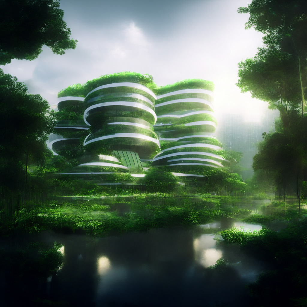 A cutting-edge scene of Zhongshan Jewelly Optoelectronics in Guangdong, China, surrounded by greenery symbolising eco-friendly initiatives. The building bathed in the soft, ethereal light of the digital yuan glowing from its eco-financing hub, creating a futuristic, hopeful atmosphere. Shadows subtly highlighting the seamless flow and control of the green finance transactions.