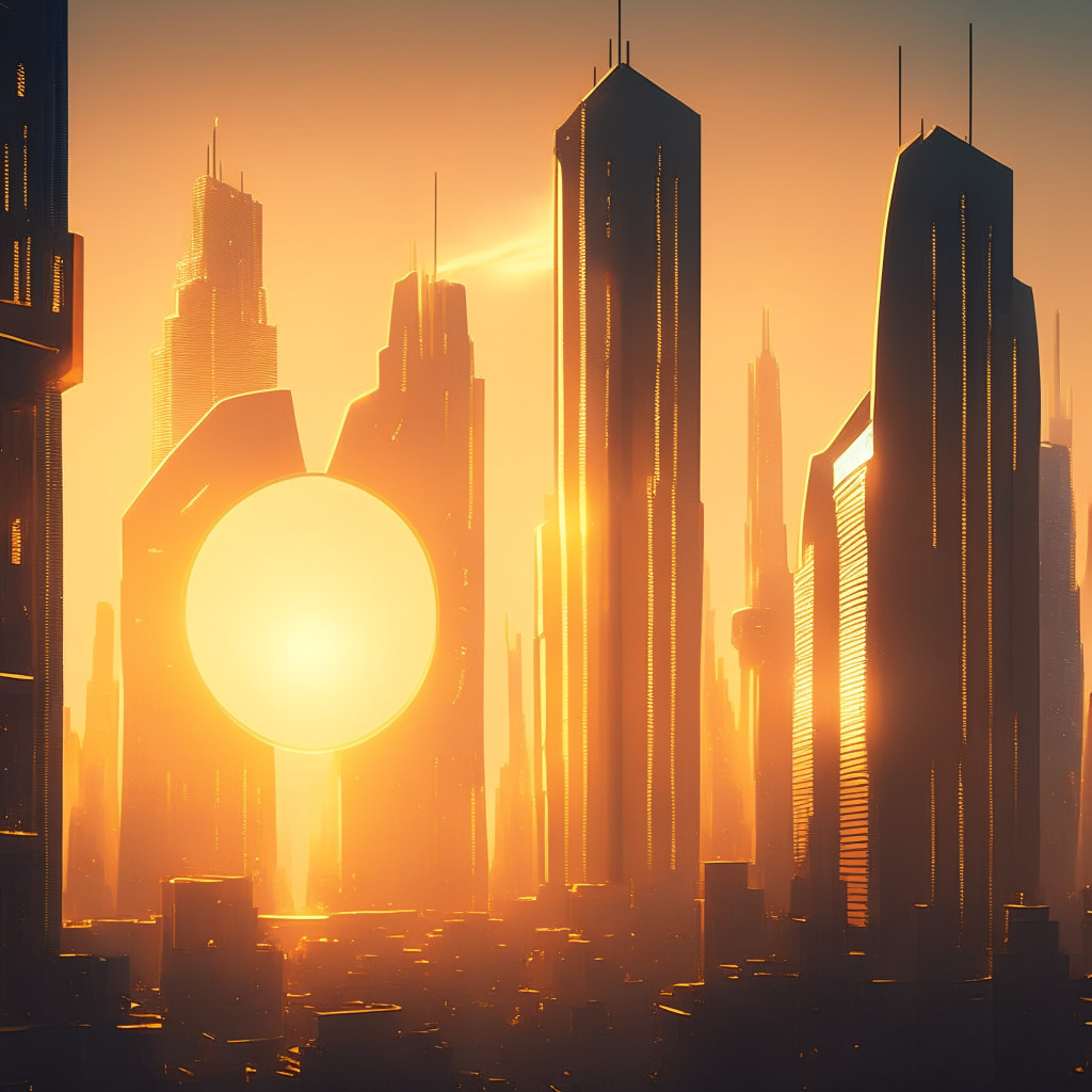 A metropolis at sunrise, sleek buildings symbolizing traditional and crypto economy side by side, illumined with golden daybreak, casting long shadows. Blockchain-based digital tokens, replacing conventional money, spread across. Ethereal smart contracts and NFTs float above. The mood is hopeful, light setting is dawn indicating the new beginning, reflecting a techno-renaissance style.