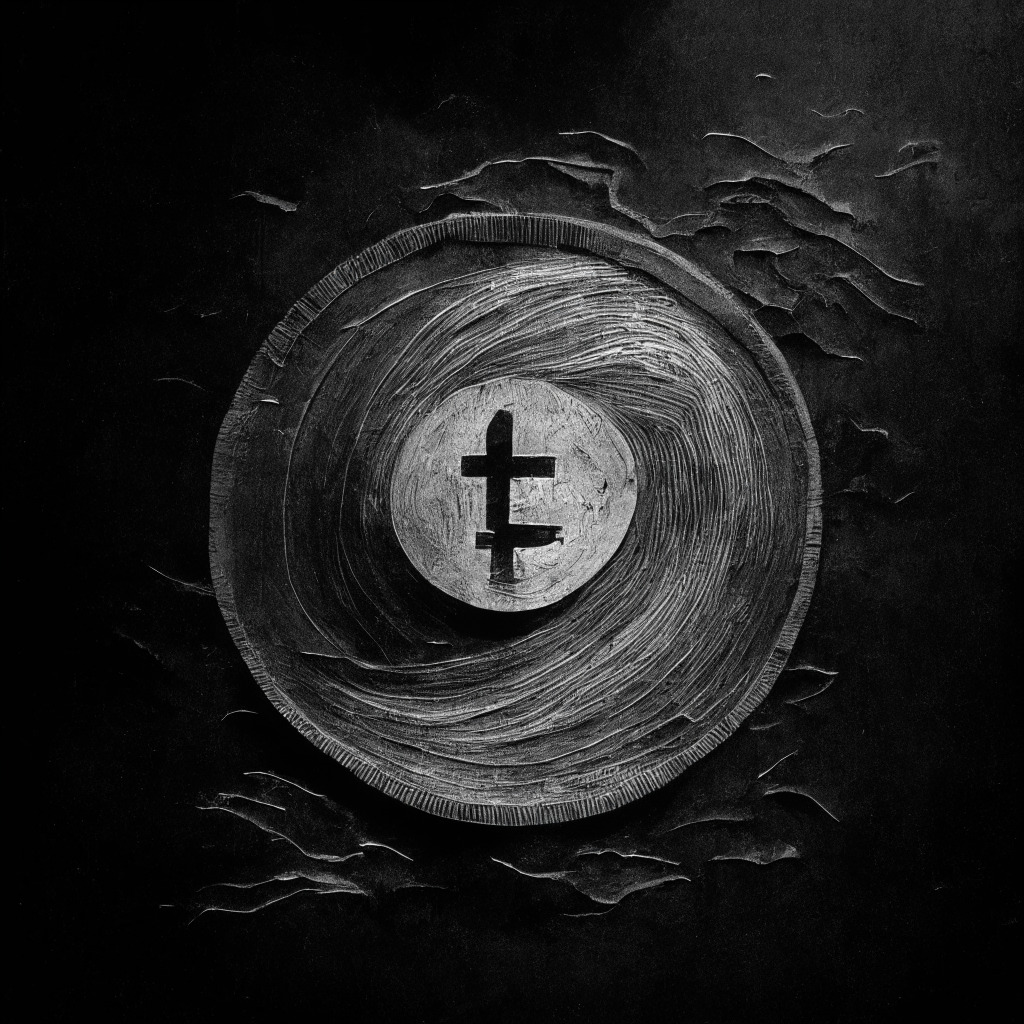 A dimly lit canvas, a silver coin wrapped in a downward spiral, representing the recent decline of Litecoin's value. Smoky grayscale tones to emphasize the gloom and disappointment, while subtle vibrant streaks, hinting potential growth, delicately tear through the monochrome. Artistically illustrate the teetering balance between risk and optimism in a volatile crypto-market.