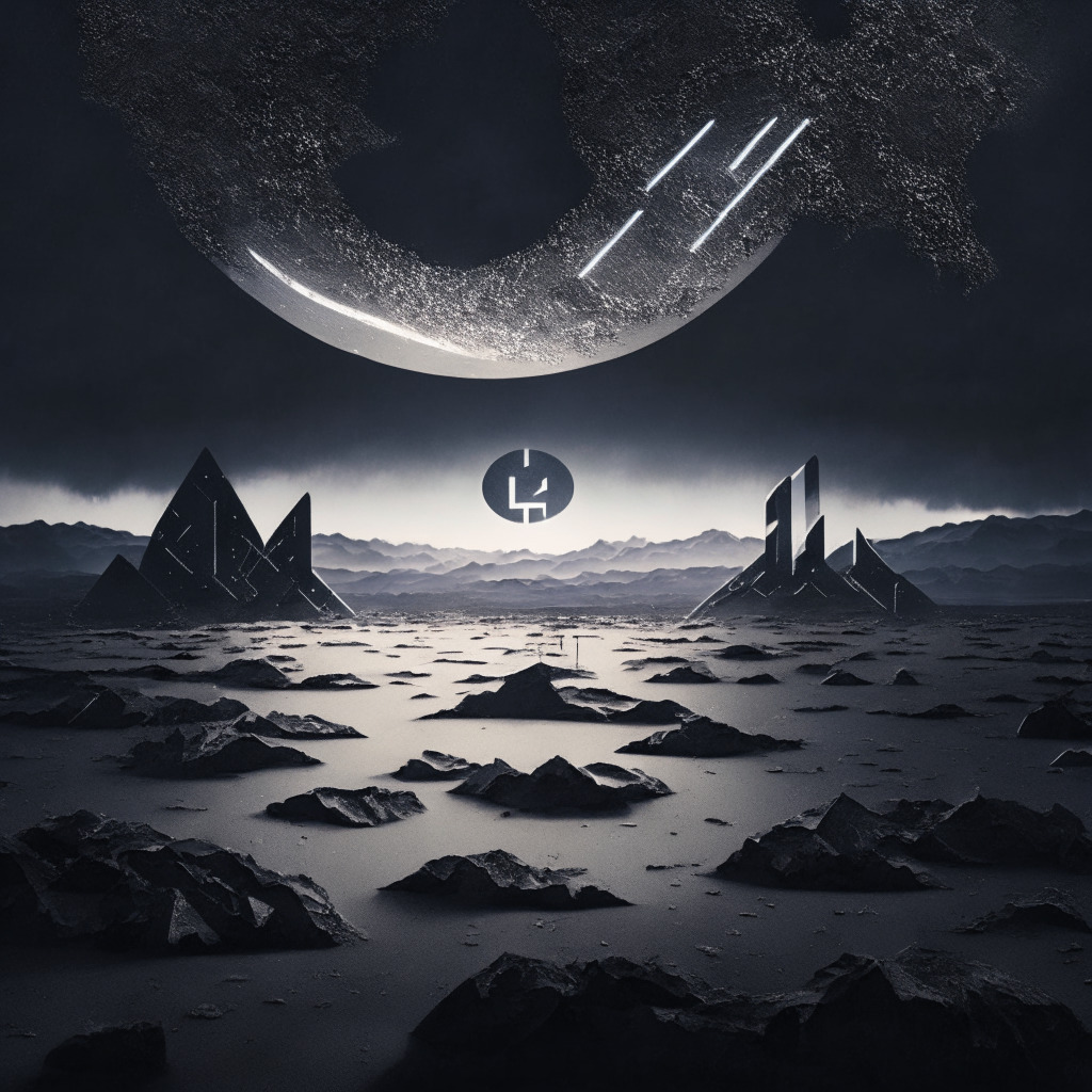 A futuristic digital landscape under a twilight sky, dominated by cryptic silver symbols representing Litecoin. Half of the silver symbols are disappearing, signifying block halving, casting long shadows on the ground. Overhead, an overcast sky echoes the ambivalence towards this event, with half in shadow, half in soft, muted light. The mood is contemplative, anticipating change and uncertainty. Visible clockwork elements that allude to the constant cycle of block generation and transaction facilitation, with intricate details of computer circuitry adding a technical touch. The entire image is awash in a painterly style, creating an atmosphere of an evolving digital art piece.