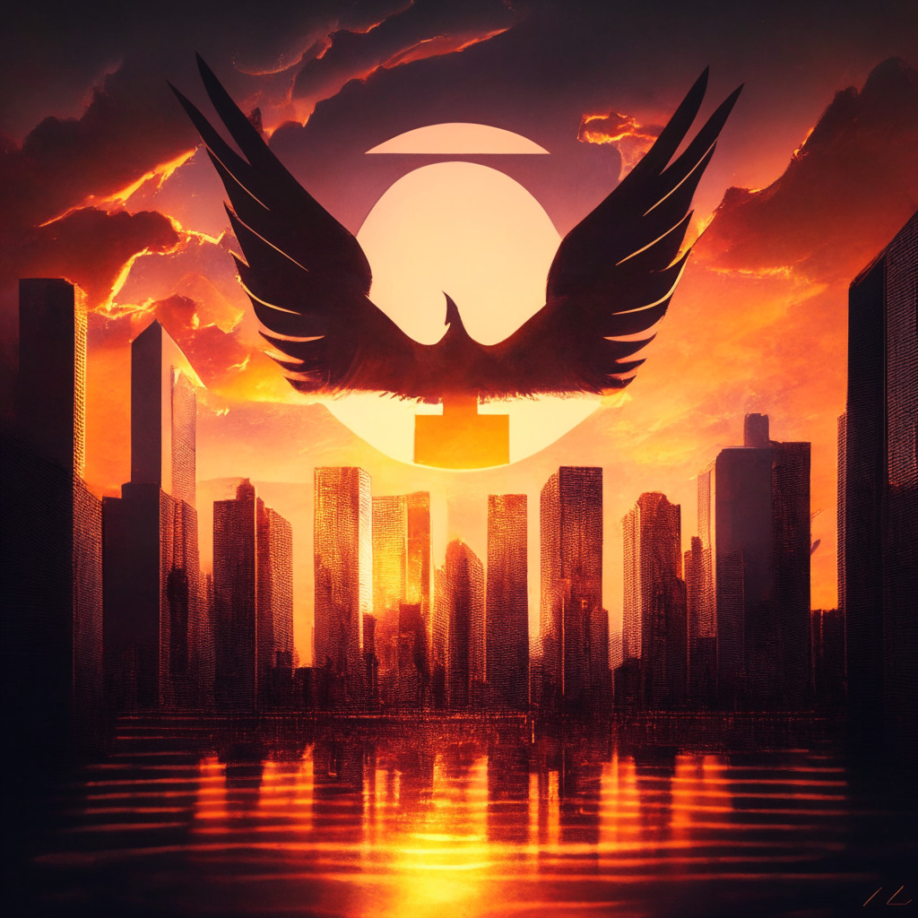 Sunset over a digital city, reflecting Litecoin's halving symbol on skyscrapers, reinforcing scarcity and imminent recovery. Simultaneously, a rising phoenix represents alternative coins like WSM. Incorporate surrealism, atmospheric lighting, subtle anxiety, and overriding optimism.