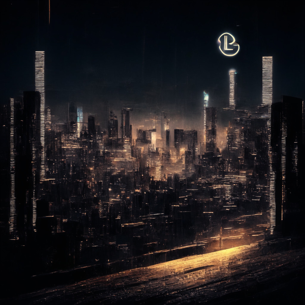 Dusk settling over a digital cityscape representing a blockchain, Dim lighting focusing on a prominent coin symbolizing Litecoin at the center of the cityscape but looking faded and slightly tarnished. Hints of bright indicators akin to neon billboards signaling bullish forecasts contrast a backdrop of darker shades representing gloomy fundamentals. The overall mood blends uncertainty, anticipation, and slight unease.