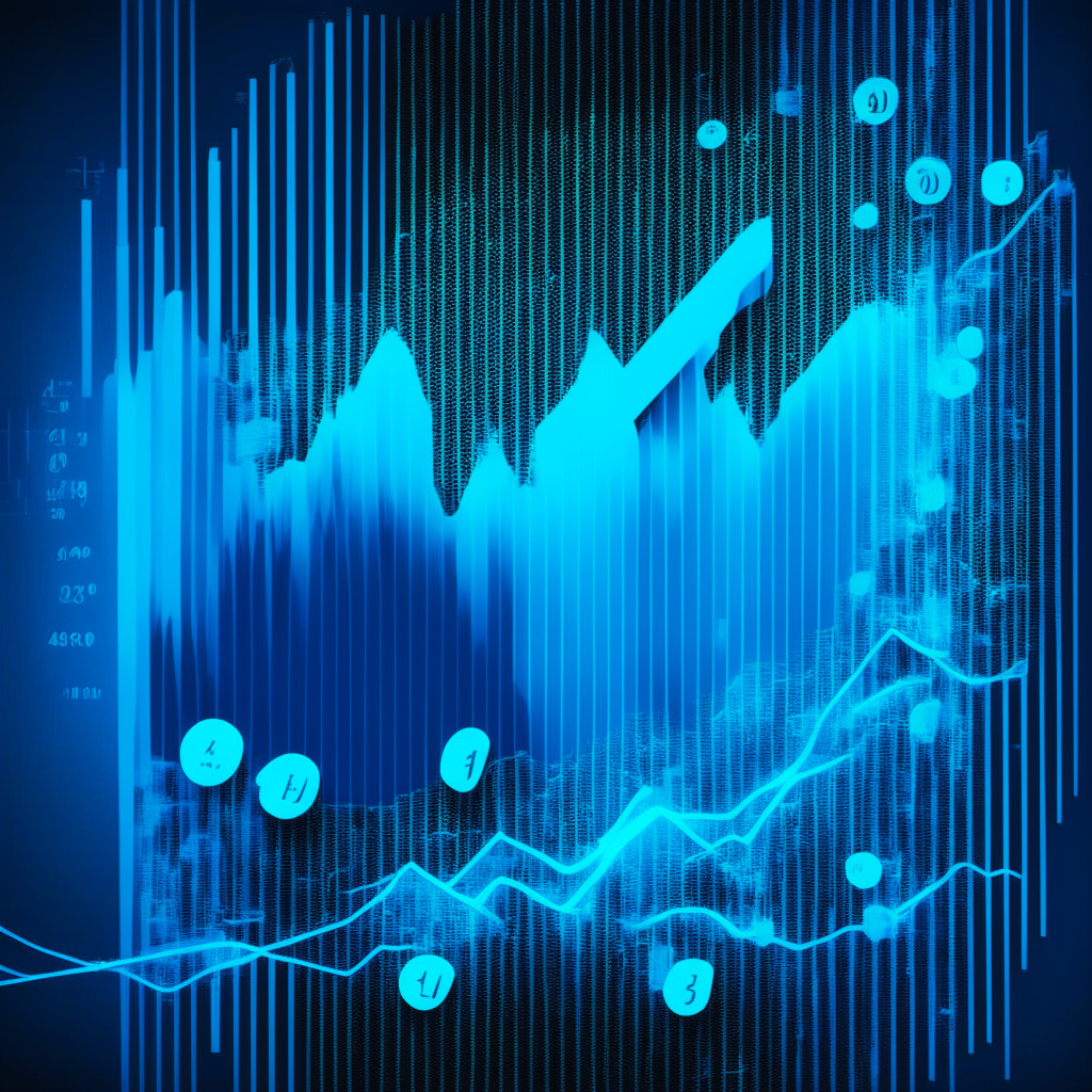 A vibrant, cubist-style vista of a rising graph, represents the steady growth of cryptocurrency, Litecoin. The luminous blue curve symbolizes elevated trading volumes and potential gains. Wisps of uncertainty linger in the shadowy background, hinting at volatile market conditions. The overall mood is cautiously optimistic, reflective of the hope for persisting bullish trends, potential Litecoin ETF, and emergence of gritty altcoins like SONIK.