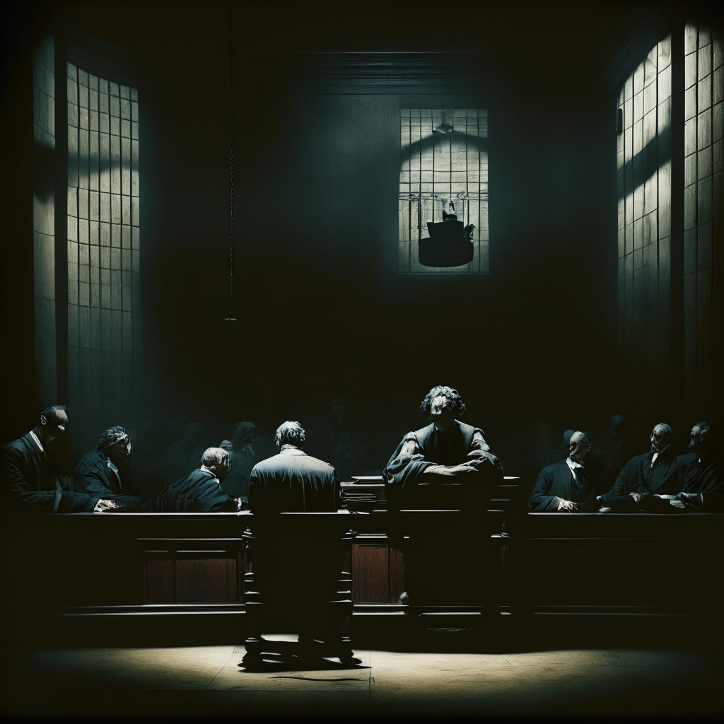 Gloomy neoclassical courtroom etched in chiaroscuro light, a visibly strained man, in prison attire, sitting across from stern legal professionals a distance away. Evoking the style of Caravaggio - high contrast, underlit figures to personify the limited communication. Highlight a power overkill symbol to insinuate the overwhelming amount of data involved, and a profound broken chain representing the struggle for freedom.