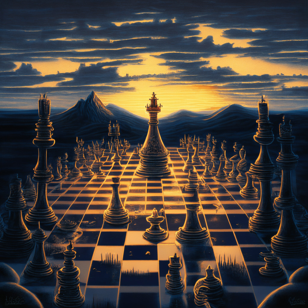 A digital painting of an ancient Finance-themed chessboard under the twilight sky, a vast landscape depicting the kingdom of Bitcoin under the dominion of Bitcoin-holding chess pieces, imbued with a tone of calmness and stability. A central King chess piece, etched in shimmering digital gold, symbolizes the stalwart long-term holders. The scene is bathed in a subdued indigo twilight, signaling notably less volatility. The art style is blockchain-inspired contemporary surrealism with a hint of mystery and contemplation.