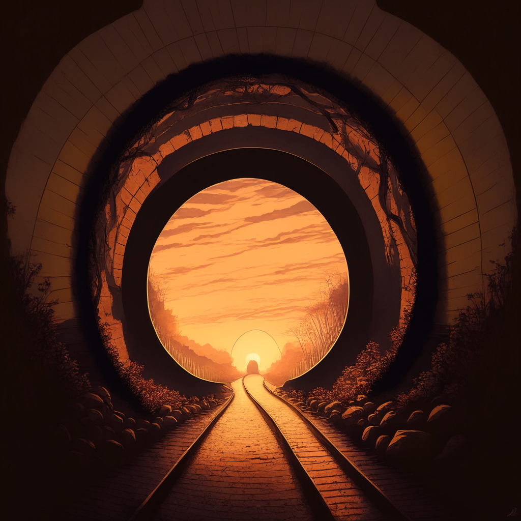 Quaint 1920s-style path fading into a dark tunnel, representing Bitcoin's persistent negative trends. The end of the tunnel bursts with Renaissance-style light, hinting at potential future gains. The scene is subtly infused with optimistic sunset hues. Mood is one of cautious optimism and patient anticipation.
