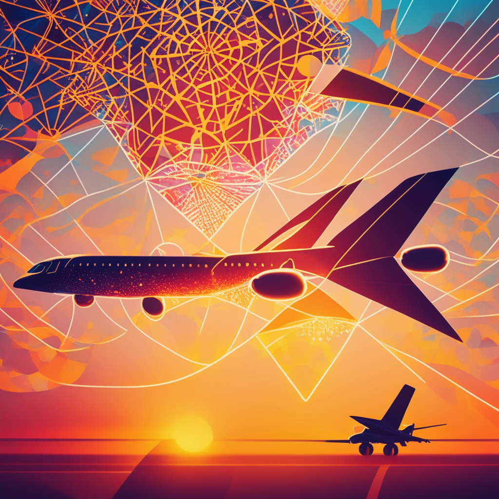Abstract representation of a modern airplane designed with intricate geometric shapes, a vibrant blockchain pattern featuring a complex interconnected network, against a glowing sunset backdrop symbolizing a new dawn. Alongside, stylish digitalized trading cards emerging from mobile devices, viewed in an uplifting, warm light hinting at technological advancement and innovation. The whole scene conveys a sense of anticipation, intrigue and curiosity inspired by new age travel experiences.