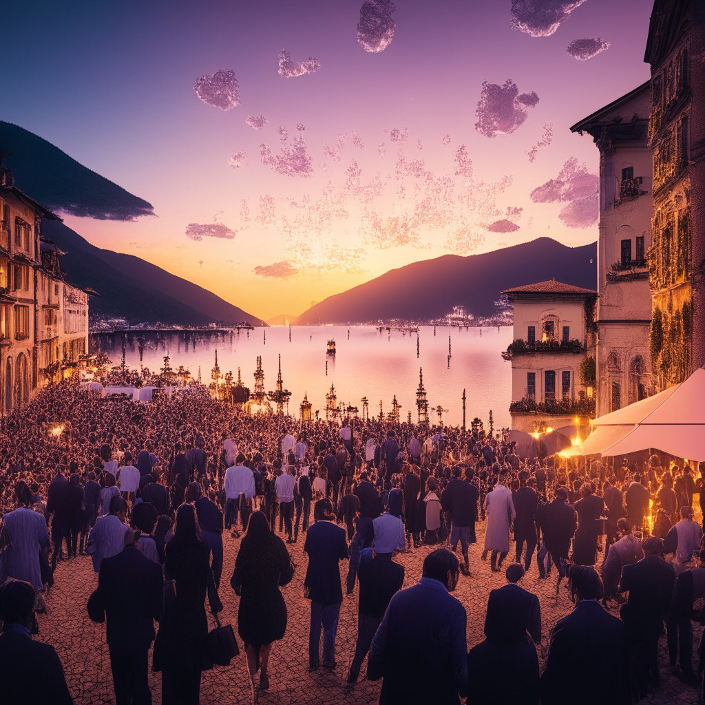 Sundown in Lugano, Switzerland, pastel hues mixed with gentle twilight, cobblestone streets glowing in warm lamplight. Lively silhouette of blockchain symposium attendees buzzing with vibrant energy, digital code intricately woven in the skyline illustrating blockchain concepts, optimism and innovative energy lightly dusted in the air.