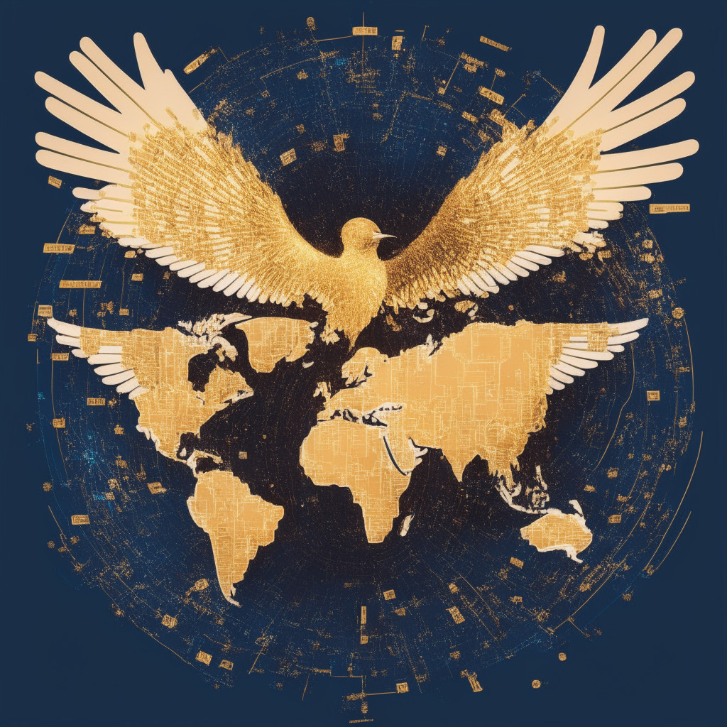 An abstract representation of global digital transition in the form of a radiant map showcasing countries lit with dynamic, pulsating binary codes, symbolising cryptocurrency transactions. Depict within it, a large social media bird with arched wings, respectfully depicting the social media platform, hovering above the map, holding a gleaming golden key, signifying the unlock to crypto solutions. Incorporate a broad user network symbolised by interconnected dots. Style the artwork like surrealism with vibrant shades of blues, greens, and golds. The mood should emanate optimism intertwined with challenges, highlighted through edgy, sharp contrasts in a twilight setting.
