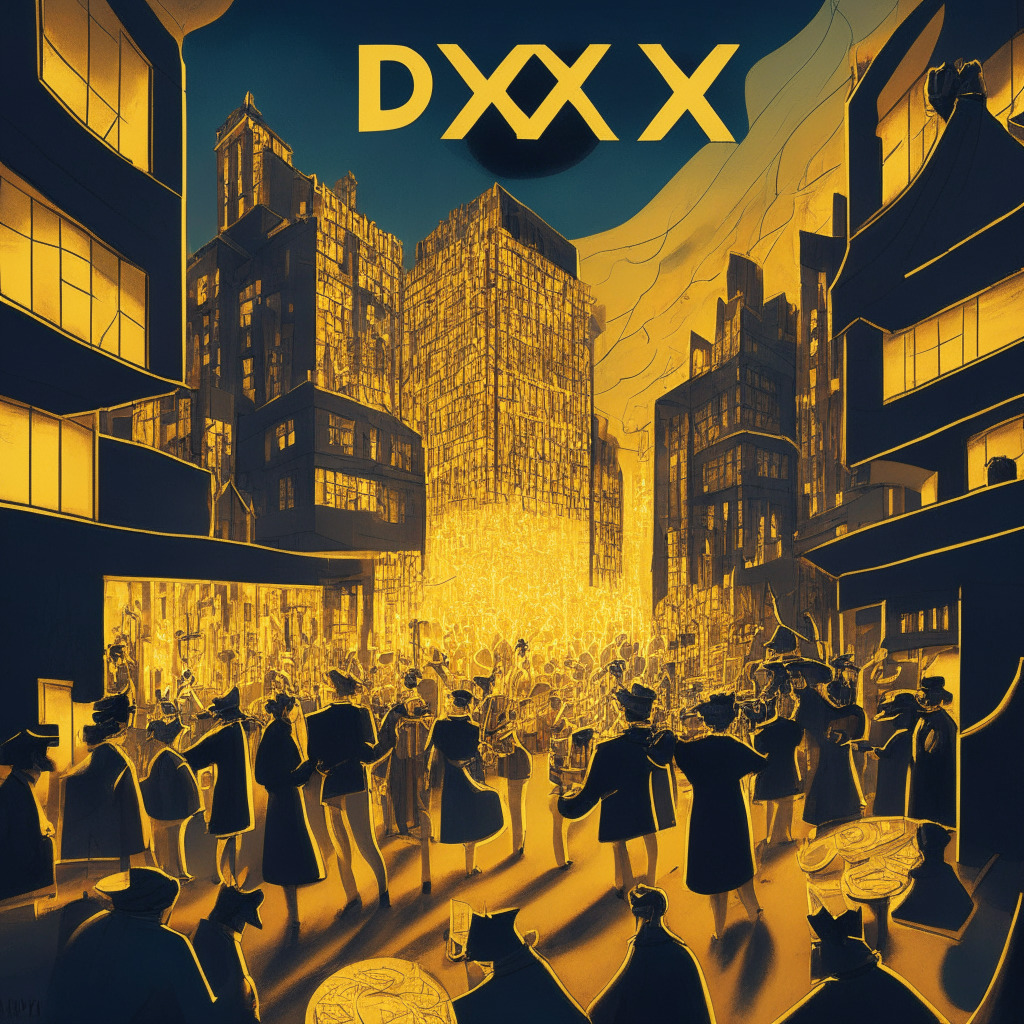 A bustling, decentralized city at dusk, representing dYdX, illuminated by a myriad golden tokens, signifying $14 million DYDX tokens release. Citizens, representing traders and liquidity providers, greedily collect tokens. The mood is of a high-stakes gamble, reflecting both excitement and risk, in a Picasso Cubist style to denote the complex, multifaceted nature of the blockchain market.