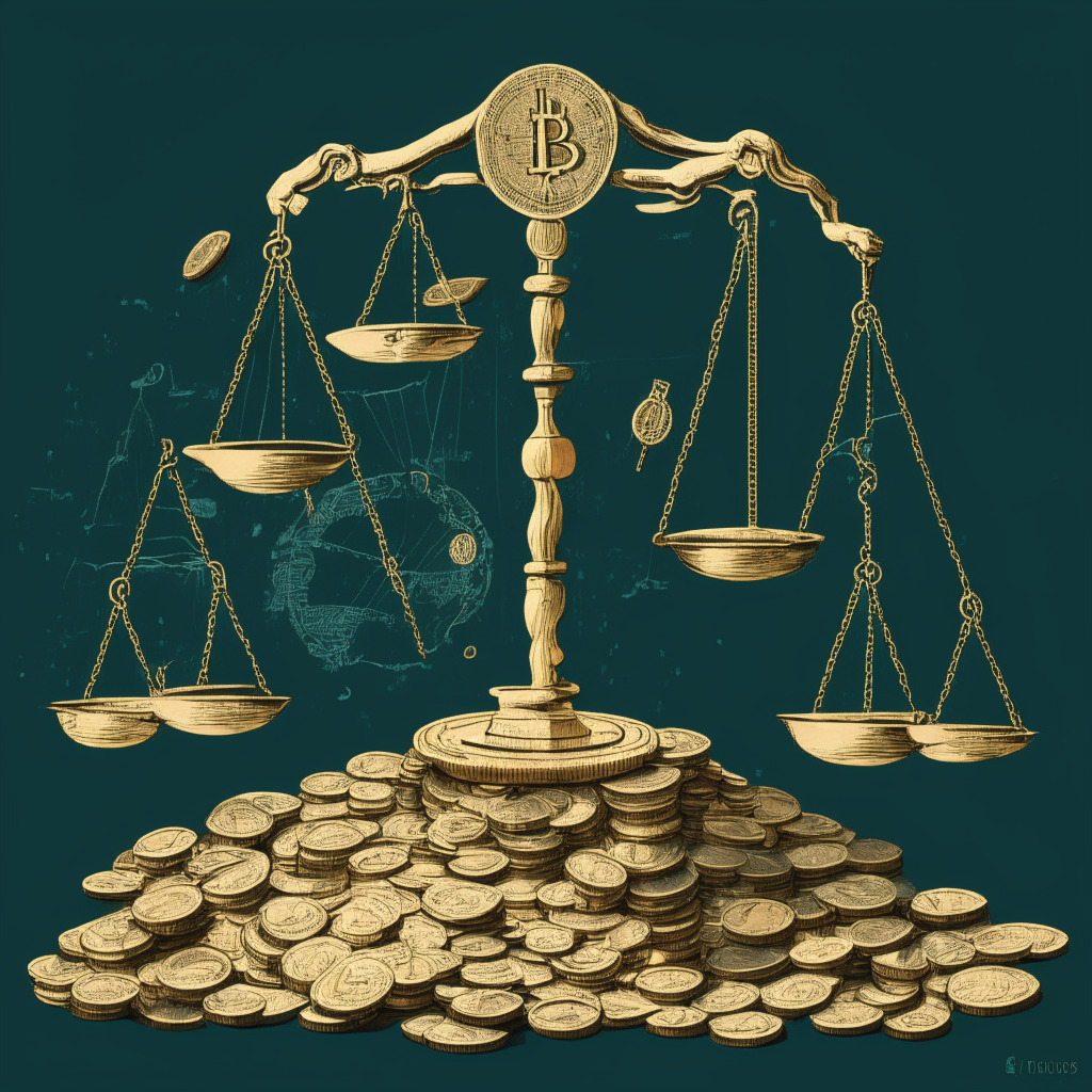 An image demonstrating the clash of privacy and profit in the world of decentralized finance. The scene should vividly depict the scales of justice bearing the weight of a VPN symbol and a pile of coins, leaning heavily towards the coins, showing that profit has tipped the balance. The overall mood should be somber and intense, demonstrating the seriousness of the issue. The artist's style should be a blend of modern and classic, portraying the contrast of innovation and traditional value. The lighting should be dim, setting a dramatic and ominous mood.