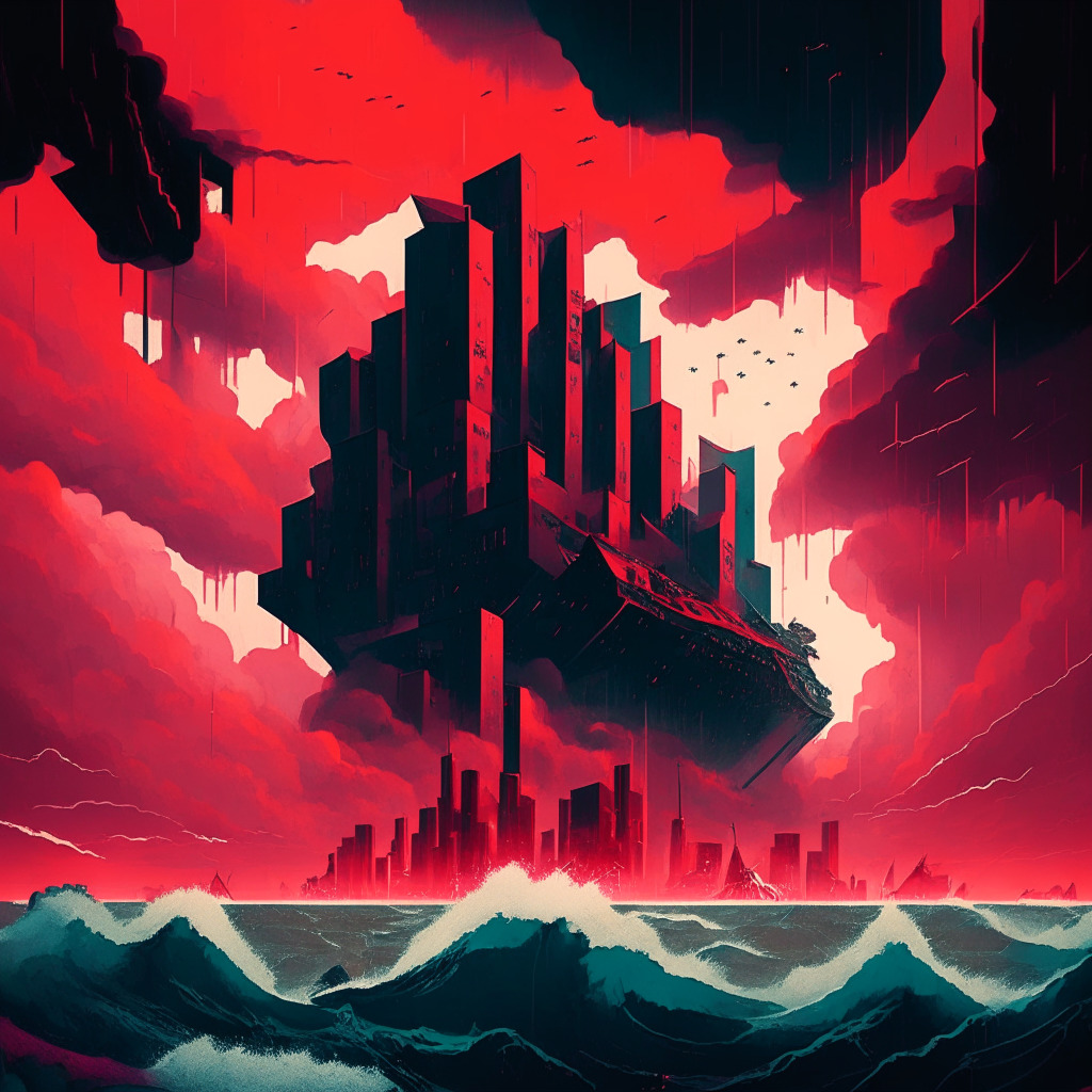 A looming storm over a dystopian blockchain city, her buildings styled in a chiaroscuro-inspired cubist design. In the distance, a sinking ship symbolizes an investment teetering on the brink of downfall. The sky bathed in a harsh, garish red casts an intense, brooding mood over the scene, reflecting the volatile nature of blockchain credit platforms. Fractal patterns within the city hint at the intellectual property dispute, and a sturdy, solid bridge in the foreground bespeaks the urgent need for stronger frameworks and dispute resolutions. No brands, no logos.