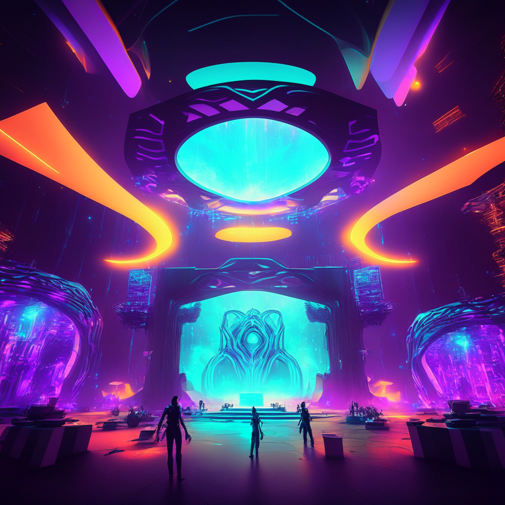 Imagine a vibrant, galactic, metaverse event setting with assembled avatars, keynote stages, concert venues, and gathering spaces, in a surrealistic art style. Bathed in soft neon colors, conveying futurism, with 3D, holographic interfaces, highlighting transparency and complexity. The mood is energetic and electrifying, suggesting a ground-breaking fusion of realities.