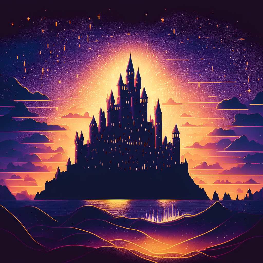 A vivid twilight skyline representing the crypto market, dots of golden light representing ether staked in the vast universe symbolizing ETH market. A large, imposing medieval castle with multiple towers symbolizing Mantle's colossal treasury, a light illuminating from within -- representing the community wielding power over strategic decisions. Waves crashing against the castle depict market volatility. An abyss carrying cutting-edge artifacts symbolizes emerging technology. Style: Classic Renaissance with modern elements, Mood: Dramatic and intense.
