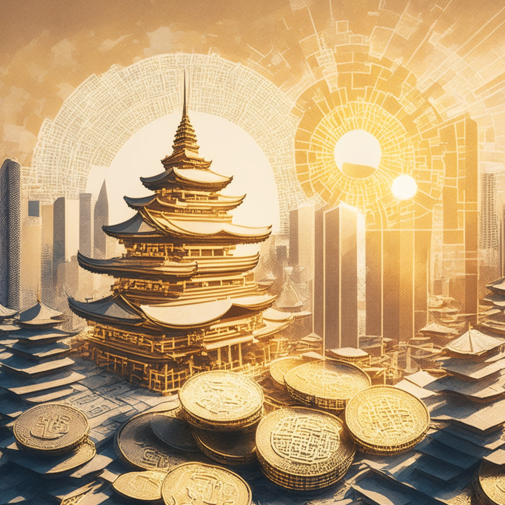 A seamless fusion of modern finance and traditional Asian architecture, bathed in the golden rays of dawn, radiates hope and evolution. Powerful blockchain nodes, connected across an intricately detailed map of Singapore, Japan, Hong Kong, and Korea, contribute to a compliant, expansive credit marketplace. Piles of cryptocurrency coins hint at a hefty investment, while subtle symbols of hurdles overcome and successful recovery echo resilience. The image comes alive in a hyper-realistic style with a combination of surreal undertones, reflecting the transformative journey of Maple Finance. The picture evokes a sense of optimism, growth, and potential inherent to the complex world of cryptocurrency, capturing a striking image of the thriving digital finance ecosystem.