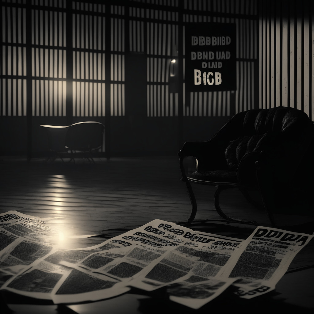 A film-noir styled crypto trading floor, dimly lit with scattered newspapers displaying headlines 'Bitcoin Slide' and 'BNB's Deep Dip'. In the background, a hint of sunrise introduces possibility of recovery. At the corner, an empty chair labeled 'Australia's CBDC'. The image pulsates with an air of anticipation, suspense and a subtle undercurrent of anxiety.