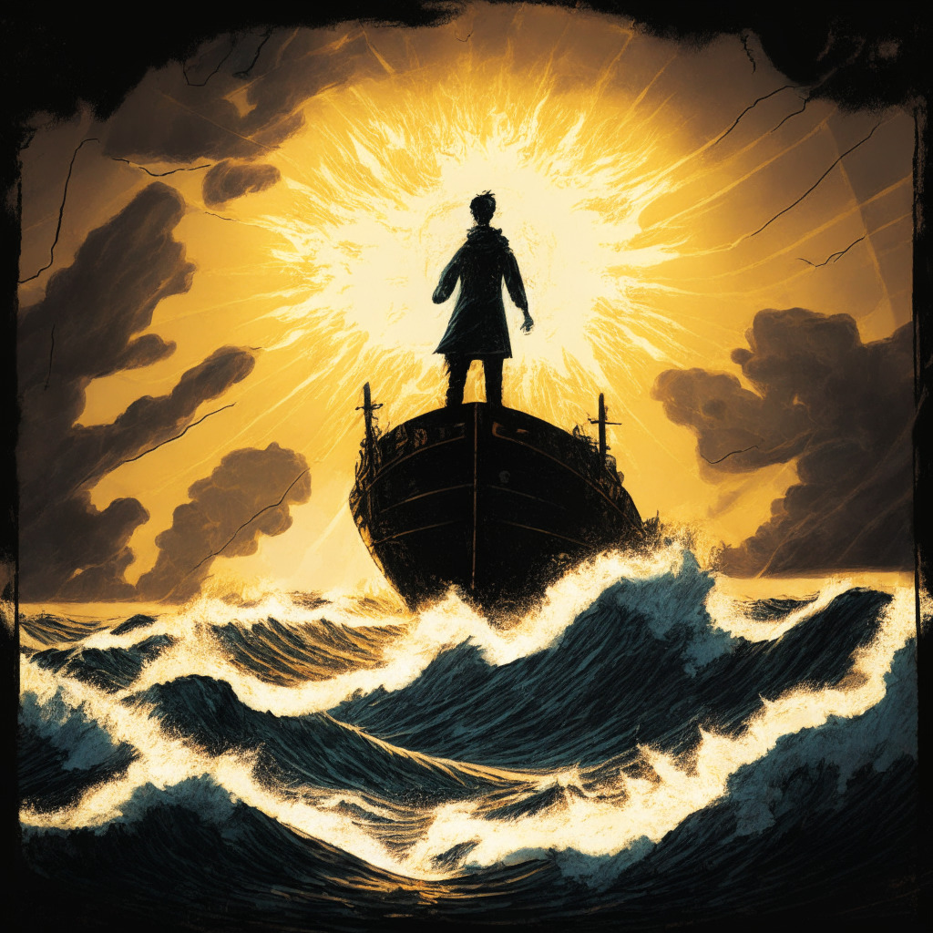 Dramatic, stormy skyline reflecting turmoil of the crypto market, foregrounded by a large sun symbolizing Justin Sun, illuminating and offering support to a sinking ship (CRV token). A male figure (Egorov) on the ship, looking hopeful. Rough Waves represent the volatility & unpredictability of crypto. Mood: Tense, hopeful, nerve-wracking.