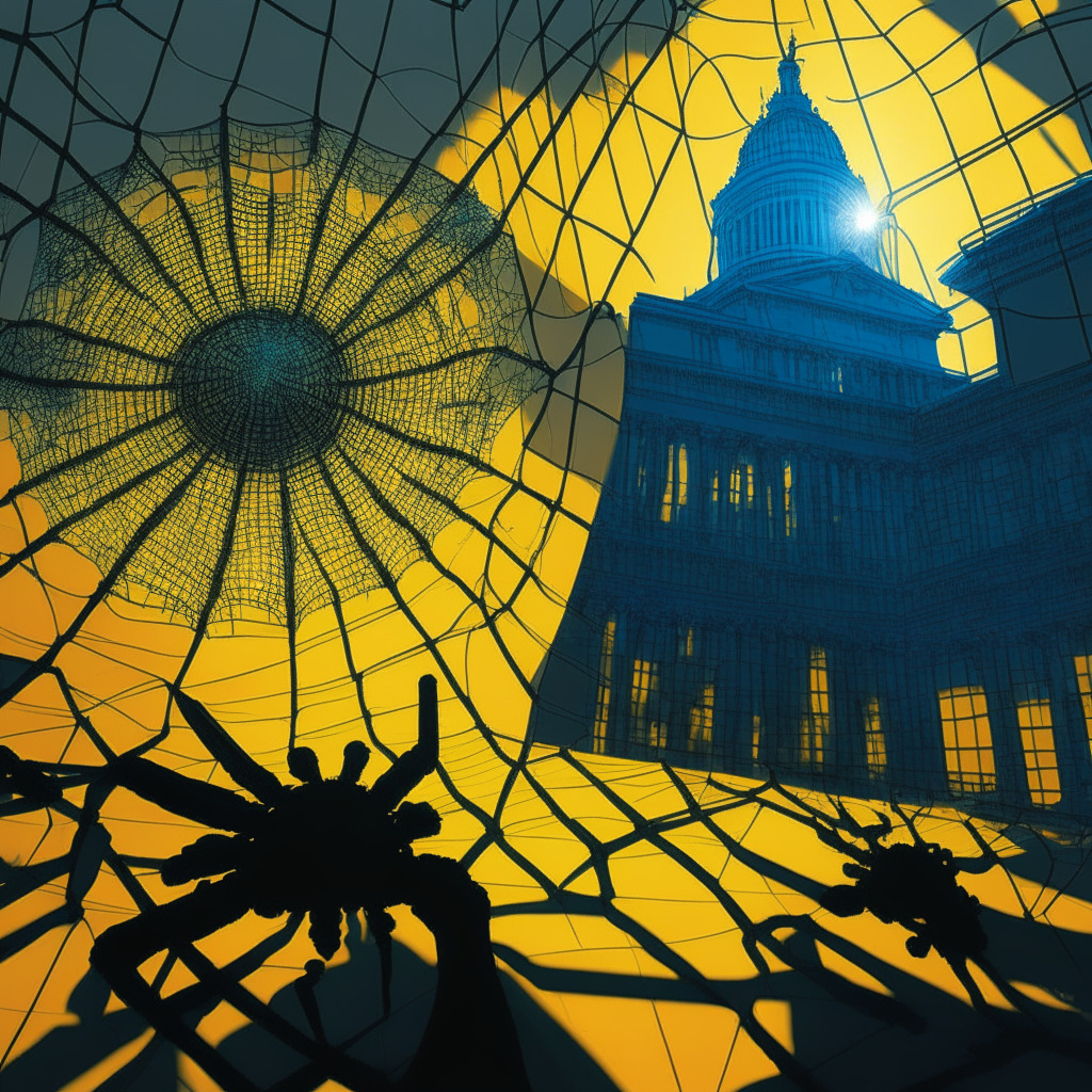 A late evening scene at Massachusetts State House, shadows cast by the evening sun against the backdrop of the securities market under a translucent web, AI systems illustrated as spider gears within the web, subtle light playing off potential monopolistic giants, somber mood, colors in a contrast of cool blues and warm yellows, art style inspired by symbolism.
