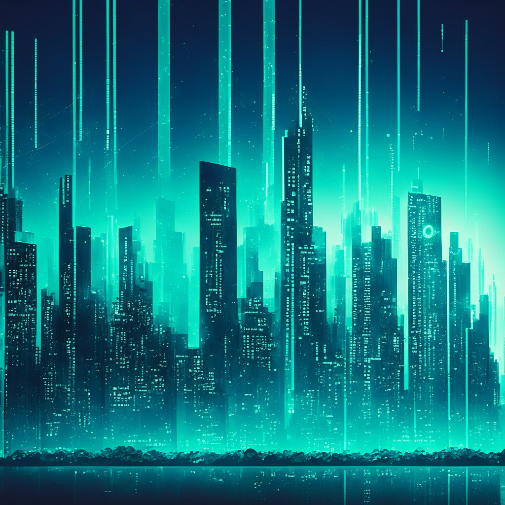 Futuristic digital city, with towering skyscrapers of binary code, shimmering in hues of cool blue. Across the skyline, displays the trajectory of a rising line chart, signifying astronomic growth. Add hints of emerald to depict the Ethereum connection, all under a looming cloud representing regulatory challenges. Set it in a twilight ambiance for dramatic tension.