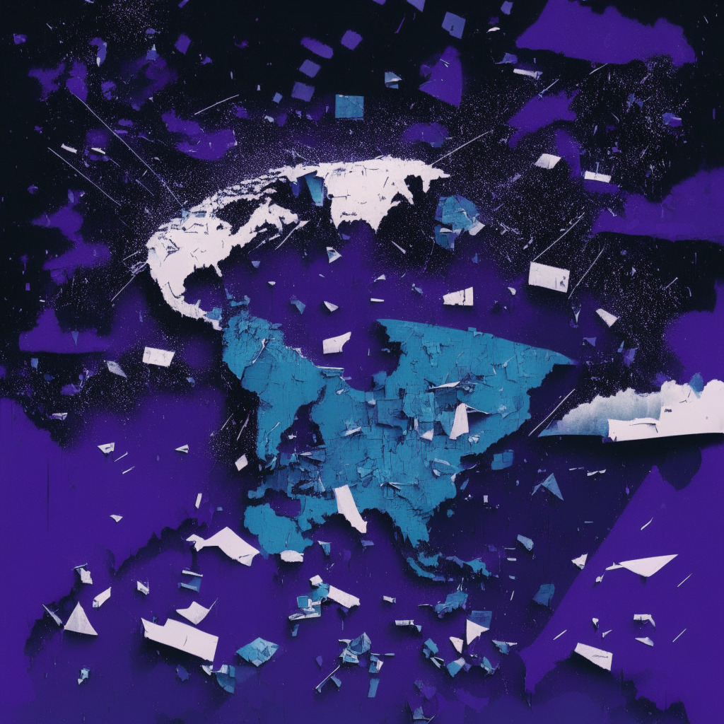 A dramatic evening skyline with shattered credit card fragments raining from the sky above a global map highlighting Europe and Latin America. The style is reminiscent of a grim political cartoon, with exaggerated features and a rich, moody color scheme of blues and purples. The scene conveys an atmosphere of discontinuity and regulatory constraint.