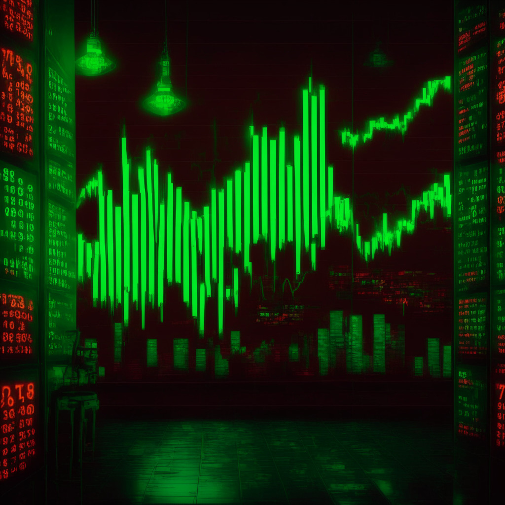 Evening scene of a crypto trade floor, with a lightbulb casting warm light, symbolizing a bullish outlook on Bitcoin. Featuring a bar chart depicting the rise and fall of Bitcoin prices around $26,000, moments of volatility portrayed with flashing red and green colors. The mood is of anticipation, with an undertone of cautious optimism, influenced by an impressionistic art style. A visible stop-loss line is positioned at $25,800.