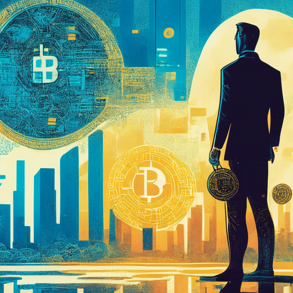 An intricate, Impressionist-style scene of a modern finance world merging with the symbols of blockchain technology, a rich colour palette shifting from traditional golds of wealth to the digital blues of cryptocurrency. Mood is hopeful, showing a common man stepping confidently into a futuristic trading platform, dialog boxes buzzing with information and streams of Bitcoin symbols replacing paper money. The sky, a gradient from dawn to dusk, represents the progress and risks tied with this new era of trading. The feel is optimistic yet watchful.