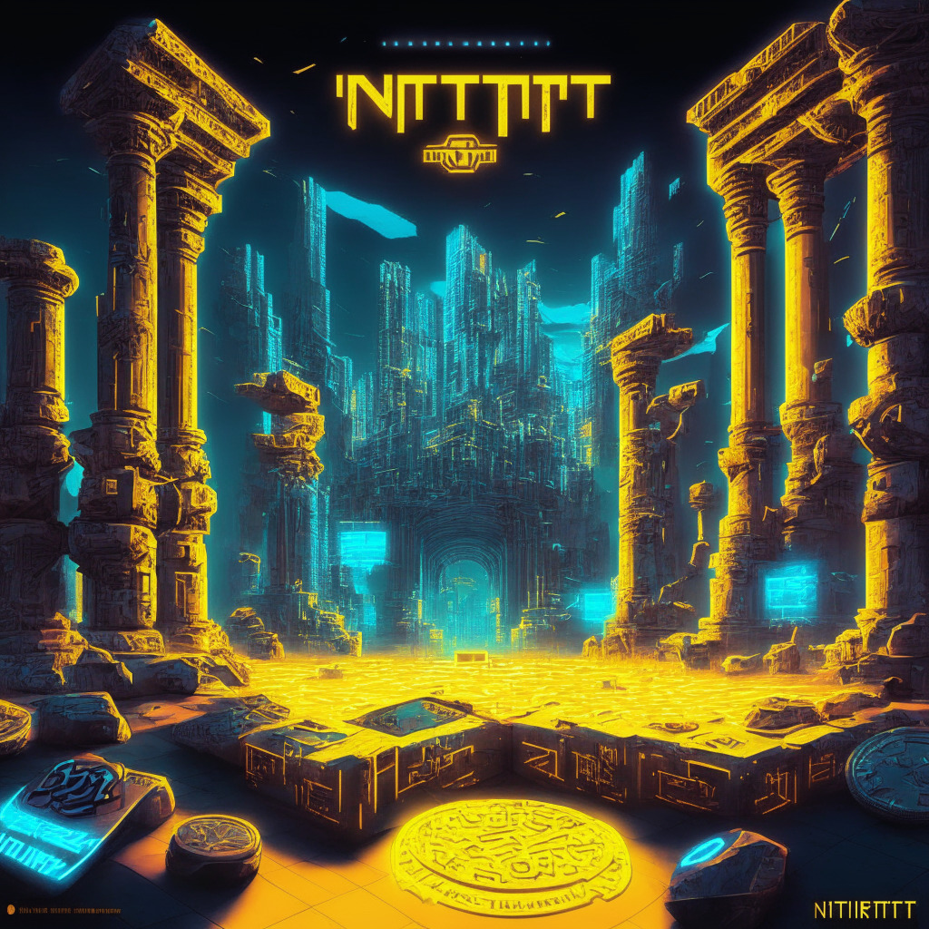 Neon-lit virtual reality landscape, Merge of futuristic metropolis and ancient ruins. Pixel-art aesthetic, dominant mood of uncertainty and determination. Spotlights on contrasting elements: Pair of smartglasses, a tarnished gold coin engraved with criptocurrency symbols, a gaming controller. Users engaged in eSports tournament, silver holographic trading cards floating, indicating NFTs.