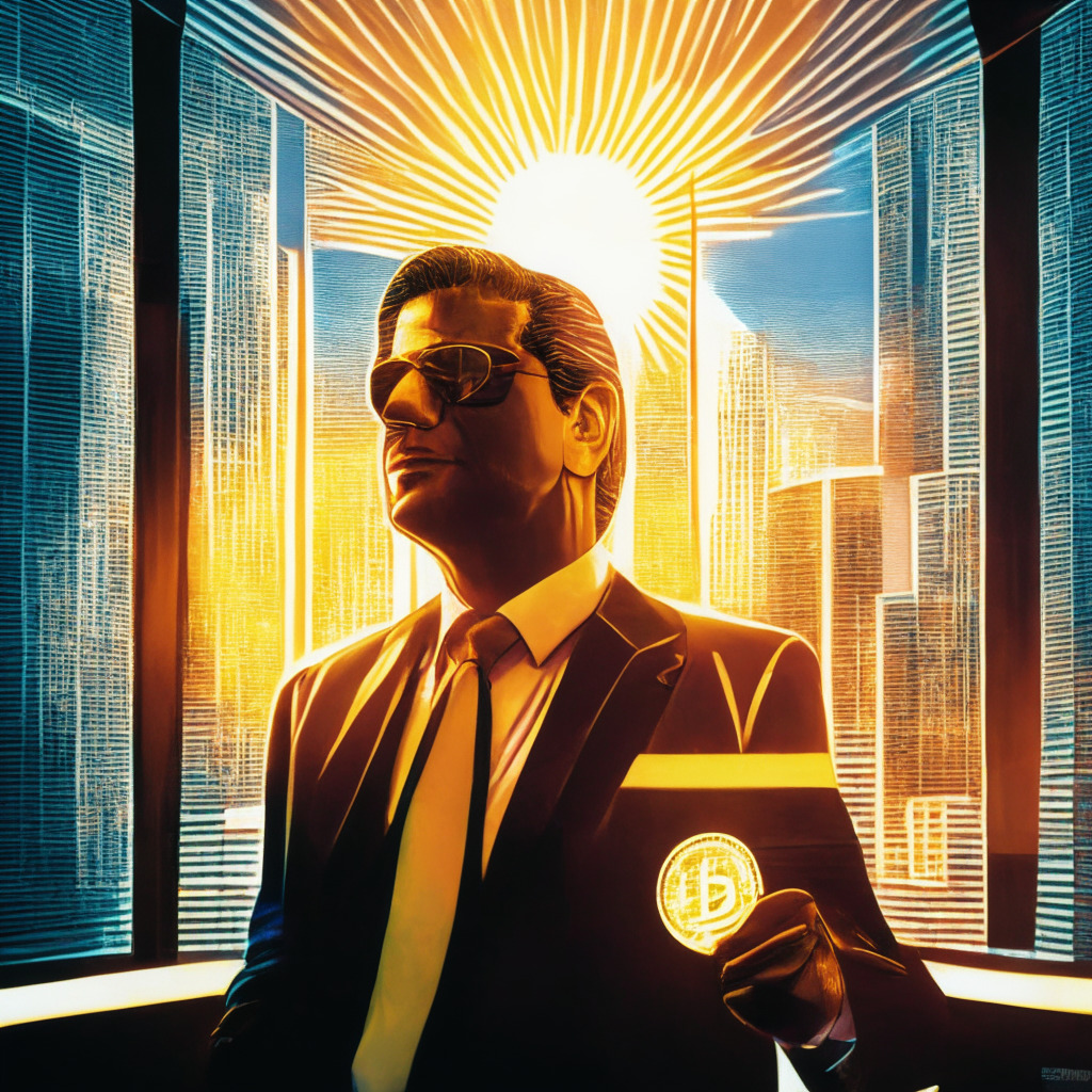 A metaphorical portrait of Miami Mayor, Francis Suarez, standing in an opulent mayoral office, bathed in warm sunlight filtering through venetian blinds. In his hand, a glowing Bitcoin, symbolic of his presidential campaign funded by Bitcoin. In the backdrop, Miami skyline transitioning into a futuristic tech city filled with neon trails and glass skyscrapers, reflecting his ambition of a Bitcoin-centric city. His expression is confident yet serious, hinting at his critical standpoint towards central bank digital currencies. The overall setting has an air of confidence laced with a sentiment of transformation and revolution, transmitted through an Impressionistic style.