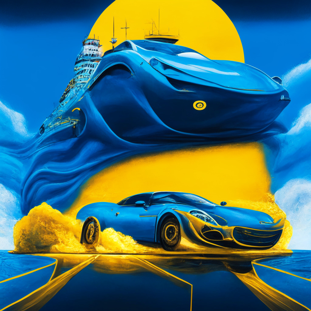 Vibrant image of a symbolic interplay between a sports car and a giant tanker, chiaroscuro lighting, dominated by hues of blue and gold. The car, symbolic for a thriving company, is charging forward, fueled by the enormous tanker, which signifies a Bitcoin ETF. A balanced blend of realism and surrealism, tension and anticipation pulsating through the image. The sports car, powered by futuristic design elements, rockets on a road studded with digital currencies, showcasing potential and risk in the crypto market.