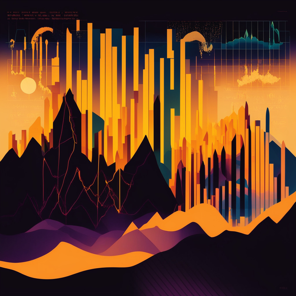 An abstract financial landscape at twilight,with elements evoking Bitcoin and stock charts fluctuating. Use warm, rich colors to convey market volatility and uncertainty. Include a rising path, representing MicroStrategy's growing Bitcoin holdings. Simultaneously, blend in a series of peaks and valleys to signify asset value changes. The errie atmosphere should be framed by a hopeful horizon, depicting the potential for market growth. Render in a surrealist style to reflect the unconventional and complex intertwining of cryptocurrency and traditional finance.