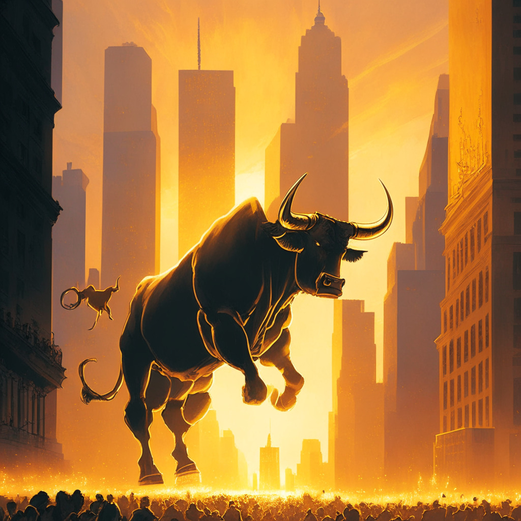 Dramatic dusk scene, capturing a symbolic bull traversing a densely-packed city with golden skyscrapers, illuminated by the soft glow of the setting sun. Dynamic and industrious mood is set. Bull depicted in celebratory, yet carefully calculated strides, embodying bitcoin's cautious optimism. Art style reflects classic American realism, highlighting market complexities.