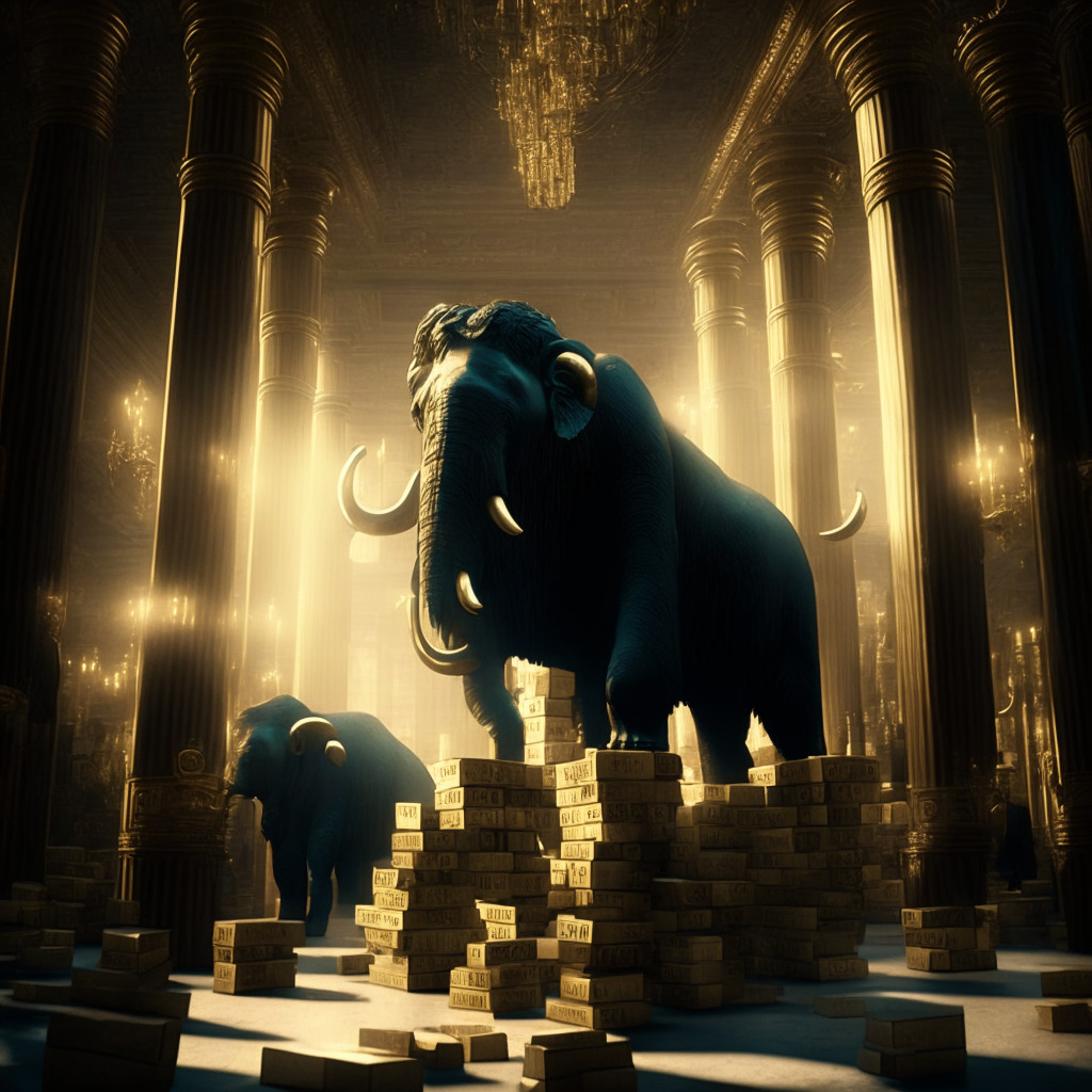 A mammoth shifting blocks of stocks, symbolizing a large corporate stock sale, Victorian Noir style. Golden light filters through ornate windows onto piles of gleaming Bitcoins, the seeming end-goal of this transaction. Express a tense, speculative mood.