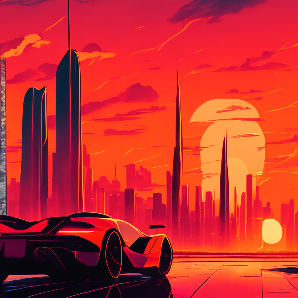 A sunset sky with hues of orange and red, setting over a futuristic city skyline representing a crypto market. In the foreground, a sleek, dynamic sports car symbolizing MicroStrategy's unwavering belief in Bitcoin, driving decisively on a path. On the sidelines, a large, steady supertanker representing the traditional spot Bitcoin ETFs. The mood is tense yet hopeful, reflecting the climate of uncertainty yet strong faith. Rendered in a semi-abstract, modern style.