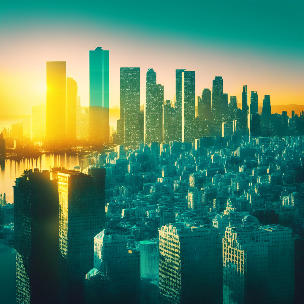 A vibrant San Francisco cityscape at dawn, bathed in the soft light of a crypto-illuminated sunrise. The atmosphere is charged with anticipation, coloring the cityscape in hues of code green and blockchain blue. A skyscraper, symbolizing Momentum Capital, casts a long shadow, signifying its foray into early-stage Web3 ventures. High in the sky, ethereal, holographic dollar signs float, representing a recent $10 million investment, illuminating the city with a sense of hope and challenge. Nearby, a bear, avatar of a bear market, watches the proceedings with wary interest. The style of the painting echoes the intricate and detailed demeanor of surrealist art, with a hint of neo-futurism. The mood of the image is a mix of cautious optimism, excitement, and a subtle undertone of risk.