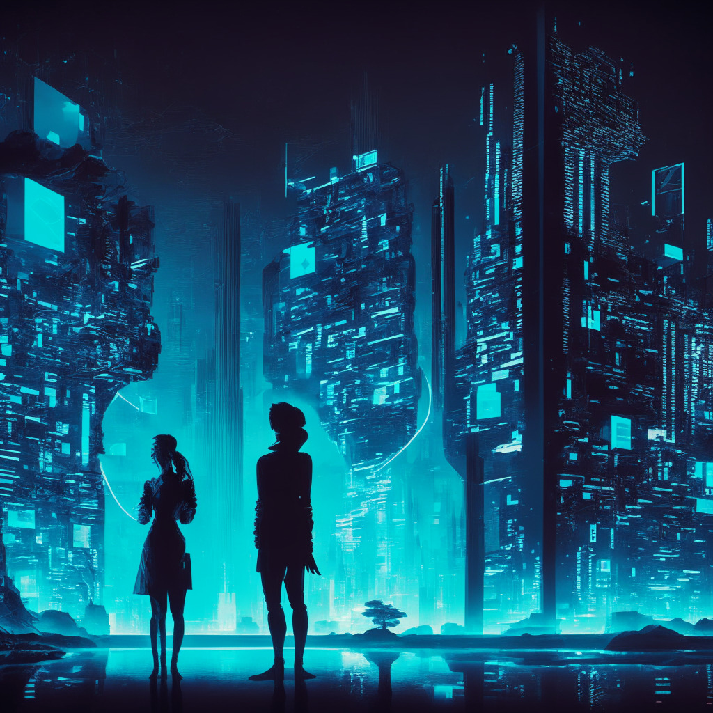Midnight scene of a futuristic city imprinted with blockchain symbols, two silhouettes representing Microsoft and LeverFi viewing a digital hologram of AI assistant 'Morpheus'. The hologram displays core engines dedicated to portfolio management and security. The atmosphere radiates optimism, the glow of DeFi revolution. Artistic style: Neo-Noir cyberpunk.