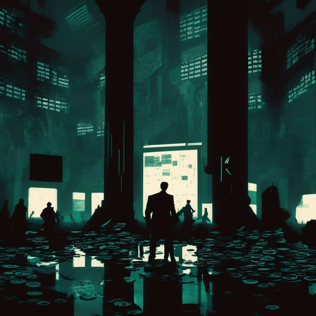 A dimly lit financial trading floor draped in neo-noir art style. Interfaces floating in a chaotic manner to symbolize confusion. In the foreground, a sorrowful trader morphed into a Cardano coin, a symbol of high slippage. In the background, the silhouette of an exchange building with walls partially cracking, indicating loss of trust. Two shadowy figures in the farthest corner, symbolizing scammers lurking. Mood: Intense, mysterious with an undertone of uncertainty and danger.